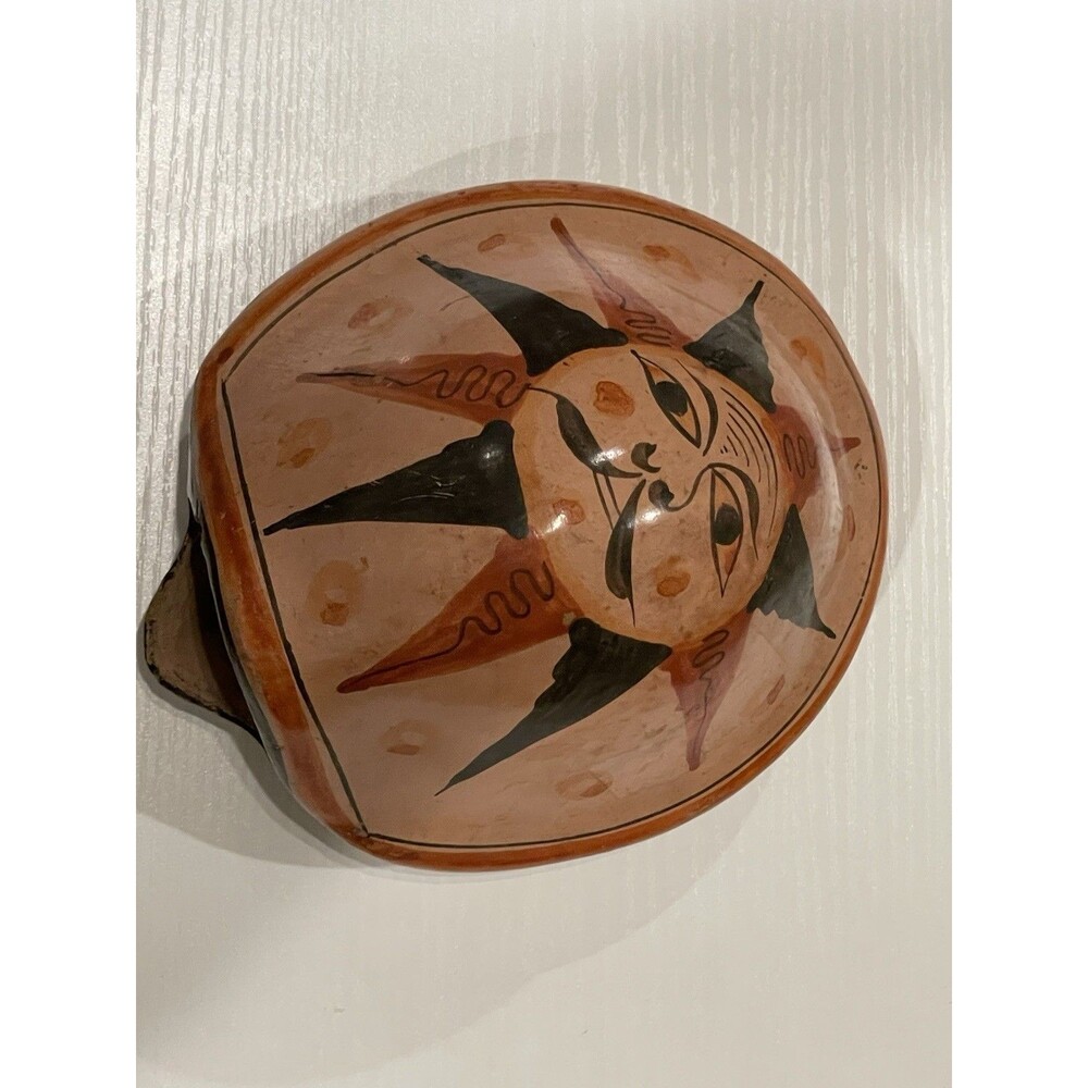 Vintage Hand‎ Painted Pottery Bowl Sun Face Folk Art Decor